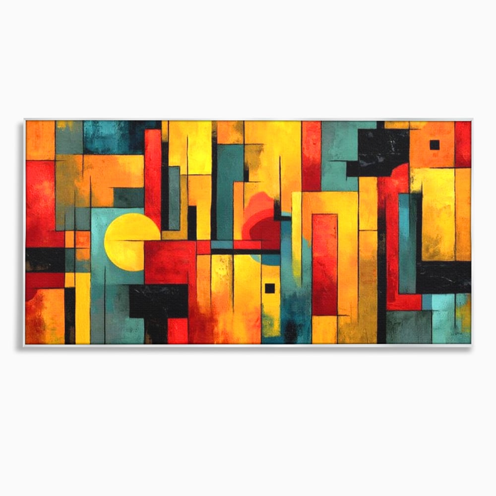 Tablou canvas cu pictura abstracta cu forme geometrice urbane, in rama de aluminiu argintiu